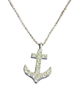 Clear Rhinestone Anchor Pendant Necklace Silvertone Chain 18 - 20 inches Long